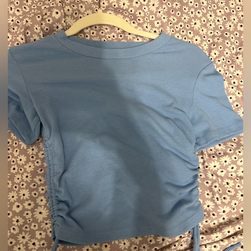 zara blue crop tie top
